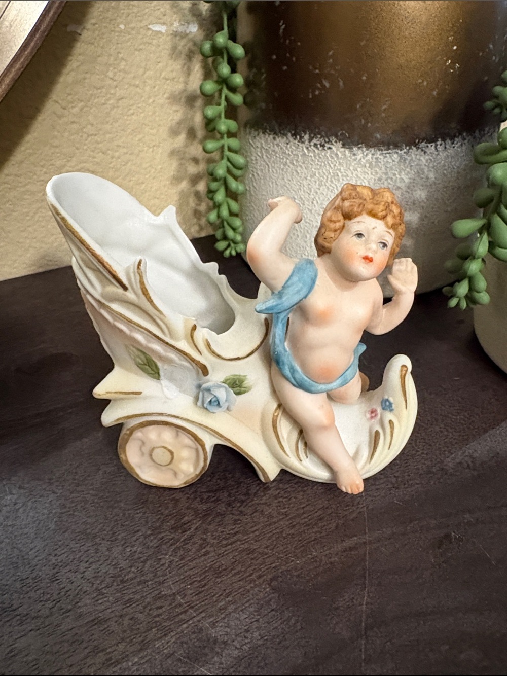 Cherub Figurine Planter in Cream and Blue